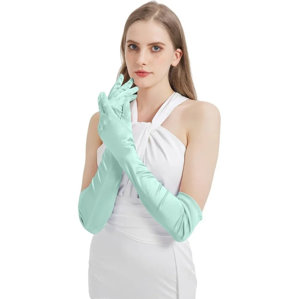 Women Light Aqua Long Imported Satin Elbow Length Halloween Cosplay Opera Gloves